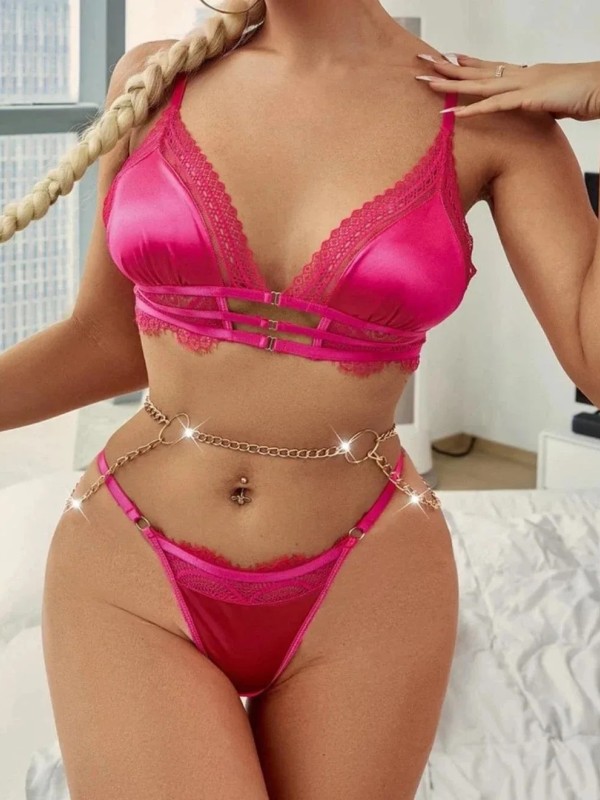NEW DREAMS Pembe(Fuşya) Fantezi Zincirli Saten Takım