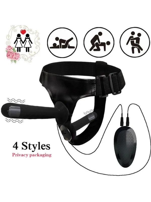Siyah Double Dong Titreşimli Belden Bağlamalı Çift Taraflı Bisex Dildo Vibratör