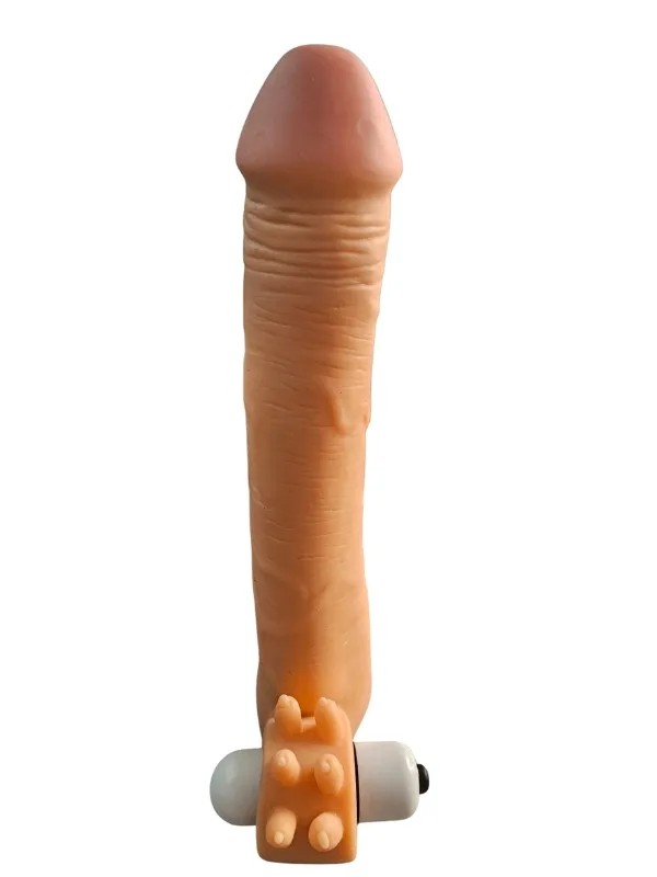 Gerçekçi Penis Kılıfı Et Dokusunda Titreşimli Testis Geçmeli 20 cm